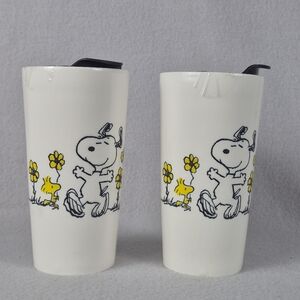 Peanuts Snoopy Yellow Flowers Ceramic Travel Mug Bundle – Set of 2 – 6.5” x 3.5”